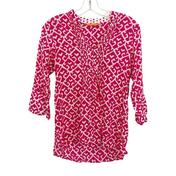 Oliphant Pink & White Geometric Ikat Long Sleeve Top Lightweight Size Small - Picture 1 of 8